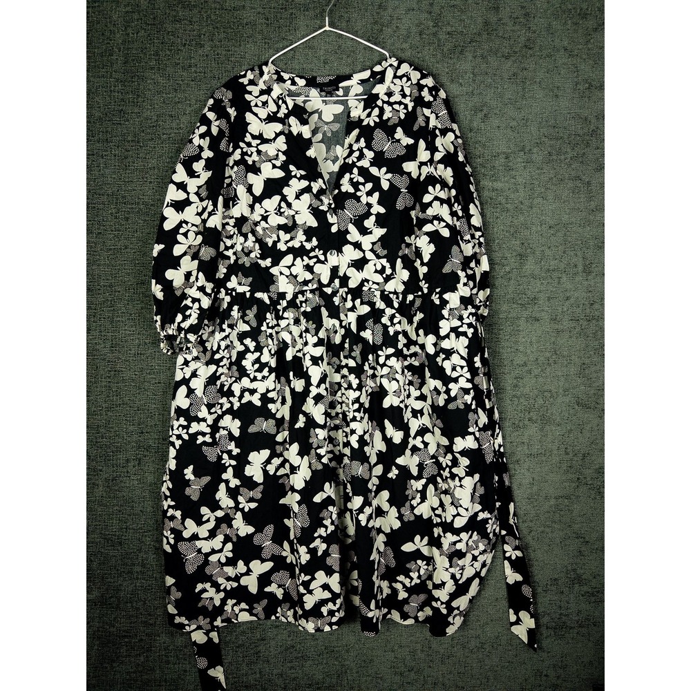 Talbots Plus Petite Butterfly Print Button Front Dress Womens 18WP Black White C